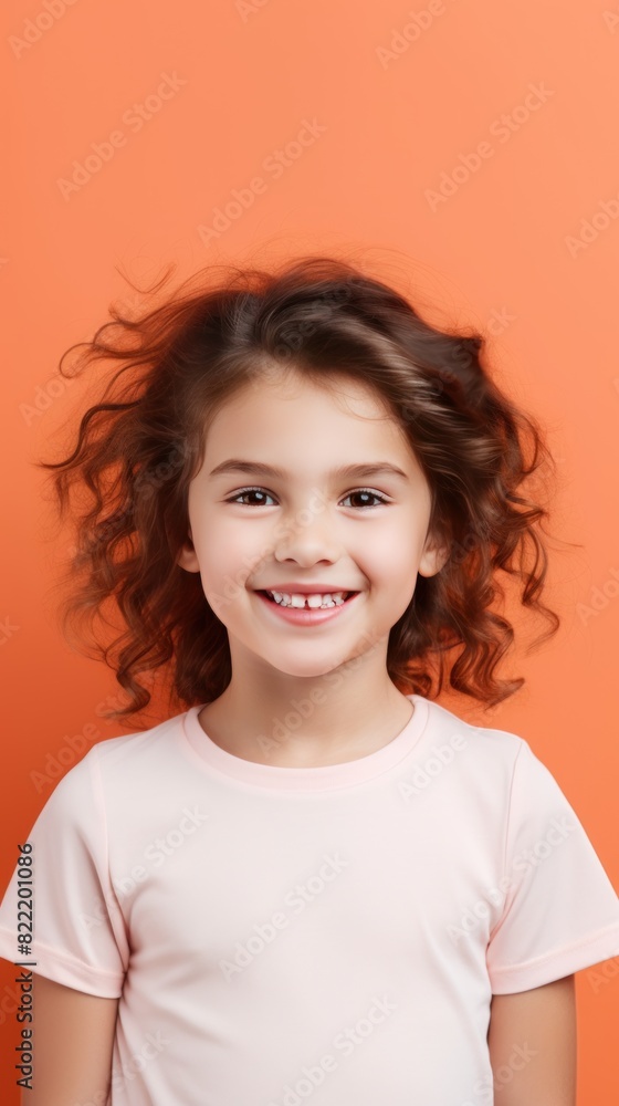 Coral background Happy european white child realistic person portrait of young beautiful Smiling child Isolated on Background Banner with copyspace blank empty copy space