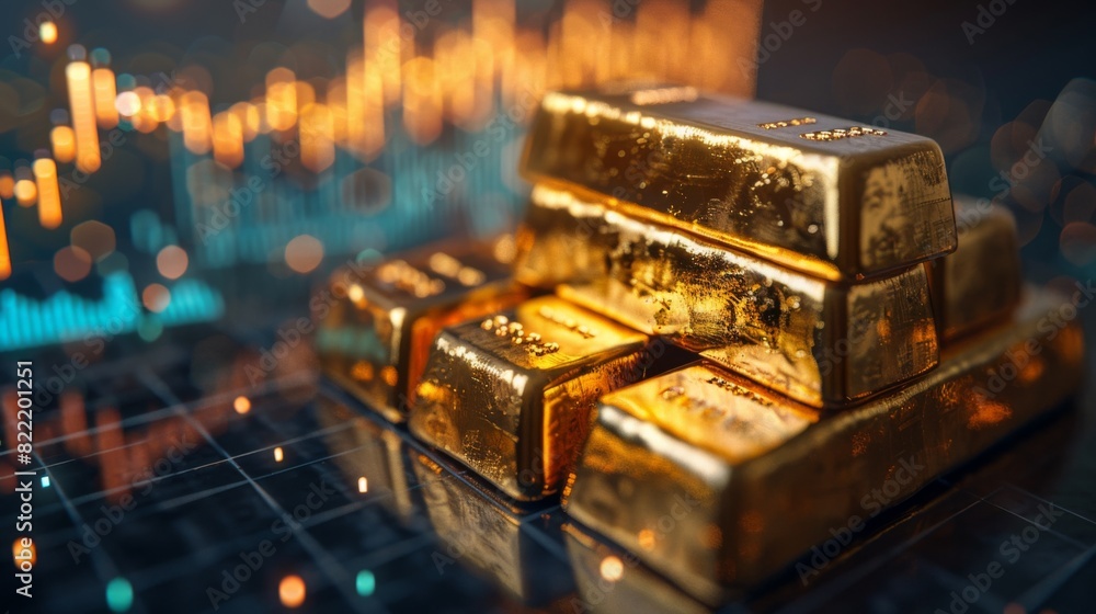 Double exposure of gold bars and financial charts showing market trends Double exposure of gold bars and financial charts showing market trends
