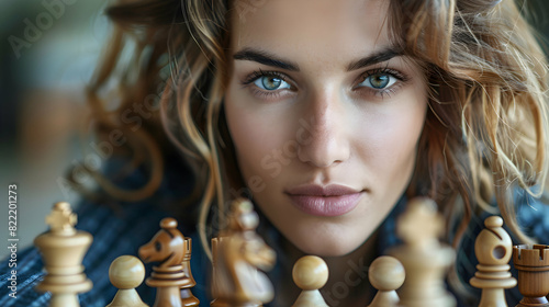 Strategic Thinking in Chess: Female Player Engaged in Mental Battle, Realistic Photo Concept Reflecting Tactical Gameplay and Concentration Adobe Stock Image