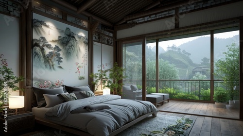 New Chinese style bedroom with large floor to ceiling windows and wood beamed ceilings, white walls and dark wood floors, master bed in front of a picture window overlooking the greenery outside. © Светлана Канунникова