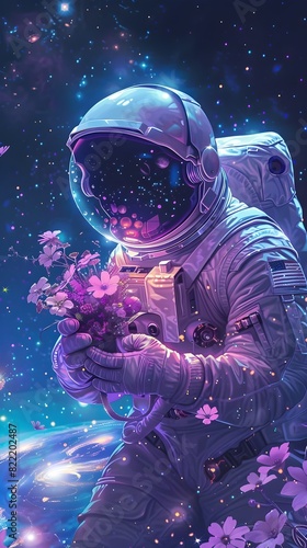 Astronaut Exploring Ethereal Cosmic Realm with Glowing Flowers © Chanakan