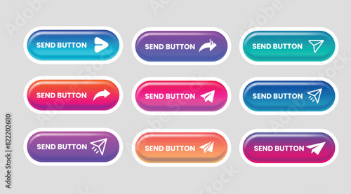 Set of vector modern trendy buttons. Trendy colors and send button, document, download, delete home page button design set.