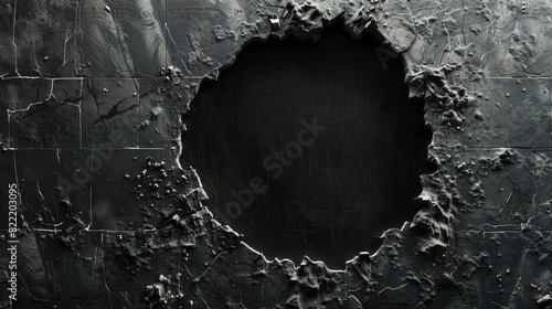 A close-up view of a black, textured surface with a destructive circular hole possibly showing layers beneath photo