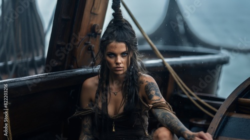 A fierce beautiful female viking, black haired, blue eyes, tattoo, braided hair on a viking longship, wet hair