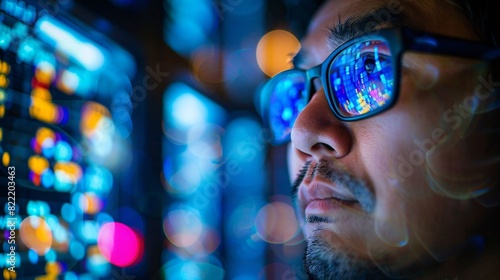 Software developer immersed in blue light from screens coding in languages that drive digital innovation photo