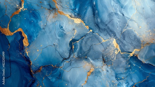 Abstract colorful blue and gold marble ink pattern texture forming an artistic and luxurious background