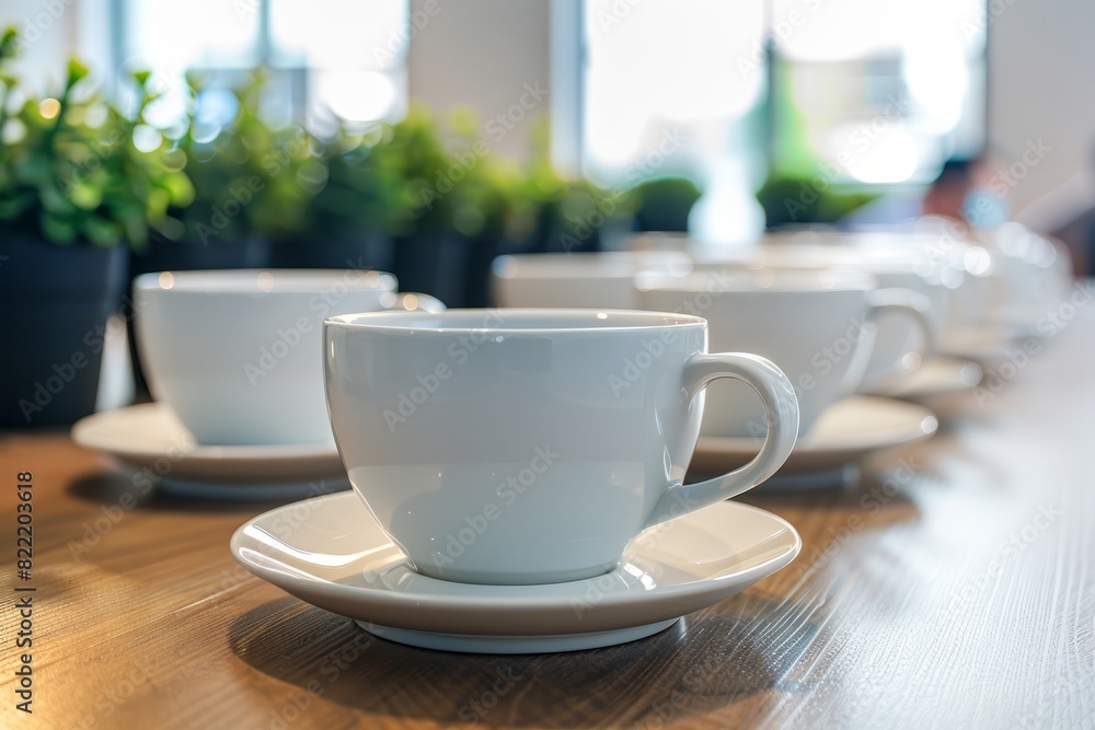 Coffee cups lined up on table. Coffee cups lined up on table.