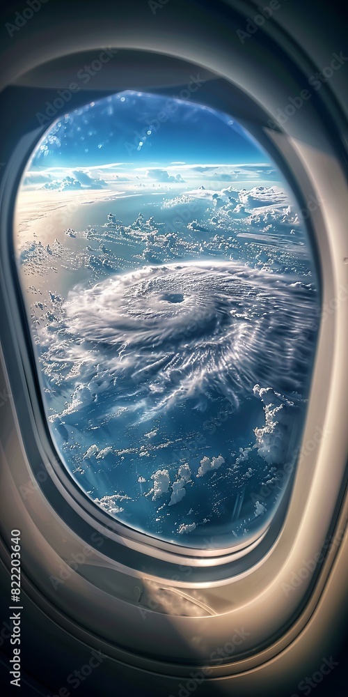 Naklejka premium Aerial view of a majestic cloud formation resembling a spiral storm, seen through an airplane window at high altitude.