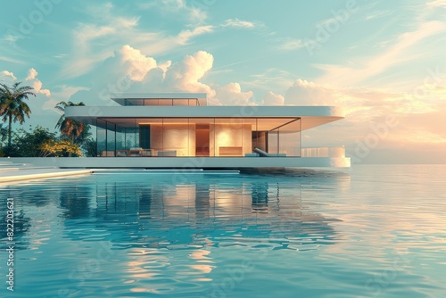 A stunning modern white villa with expansive glass walls sits over a calm infinity pool, reflecting the soft hues of the sunset