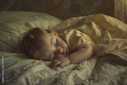 Baby sleeps soundly Baby sleeps peacefully in bed. photo