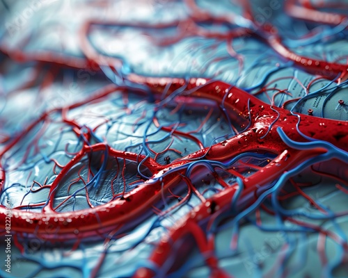 Close-up of a detailed anatomical representation of human blood vessels including veins and arteries, illustrating the circulatory system. photo