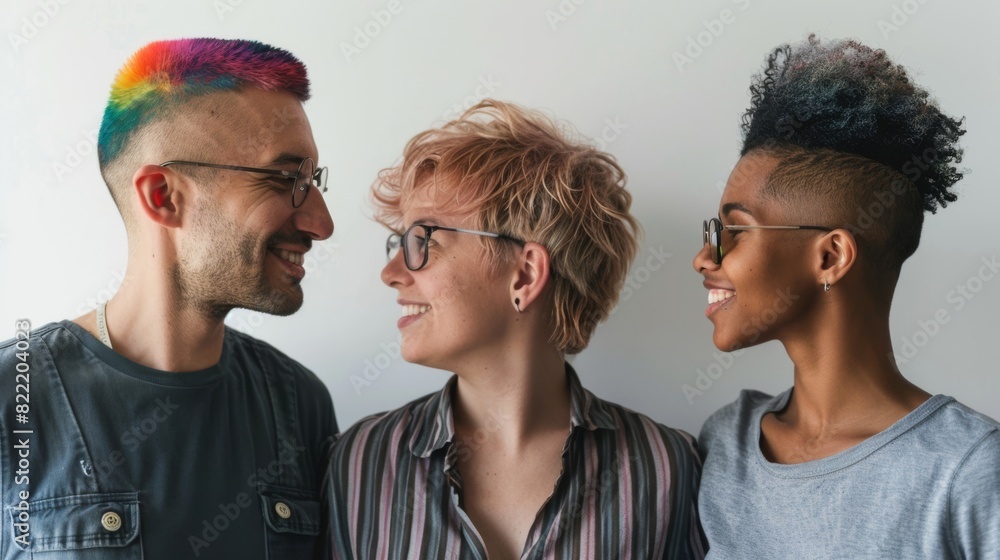an LGBT couple discussing savings plans with a financial advisor, looking thoughtful and hopeful, on a clean white background. an LGBT couple discussing savings plans with a financial advisor, looking thoughtful and hopeful, on a clean white background.