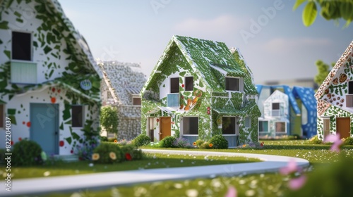 Vibrant and imaginative rendering of houses covered in candy and sweets, set in a lush green neighborhood with flowers and clear skies, perfect for creative and whimsical projects.