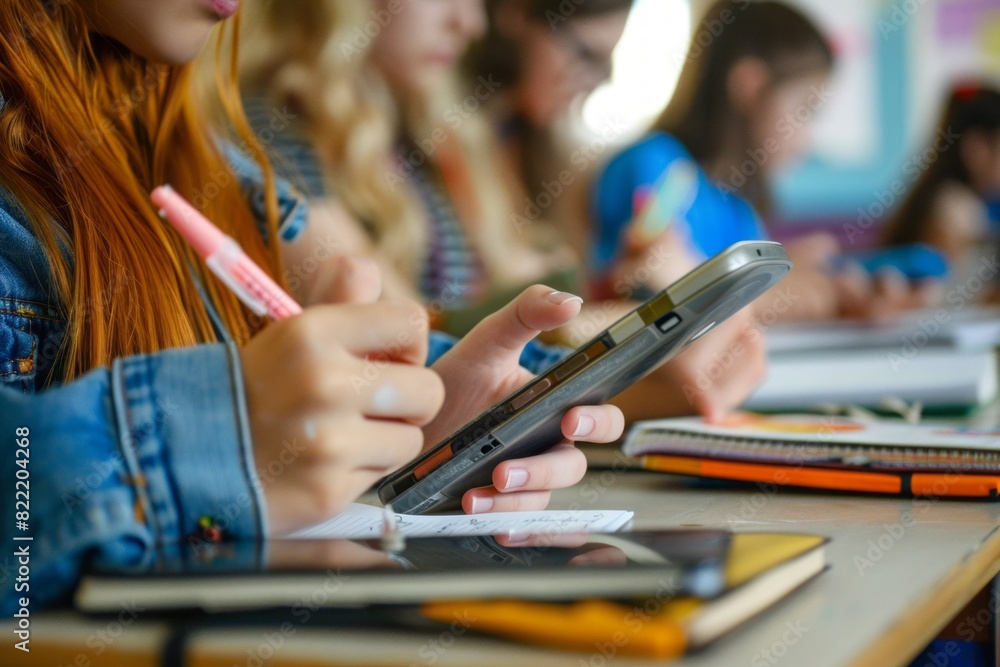 Naklejka premium Girl uses smartphone during class.