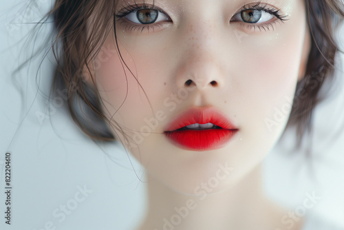 白い肌と赤い唇のアジア人女性のクローズアップ肖像画 photo