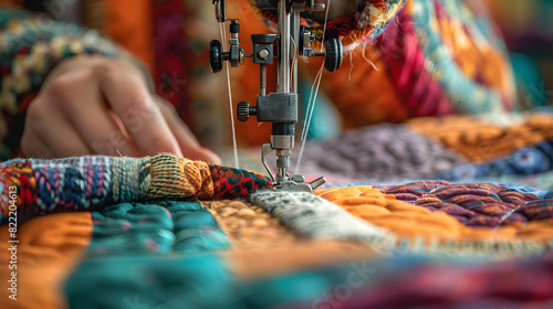 Creative and Precise: Woman Quilting on Sewing Machine Capturing the Essence of Traditional and Comforting Hobby Photo Realistic Stock Concept