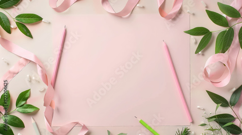top view of a blank pink sheet of paper framed by pencils, leaves and ribbons, space for text, mockup, table, stationery, drawing, art, mock up, postcard, wallpaper, design, girly style, scrapbooking photo