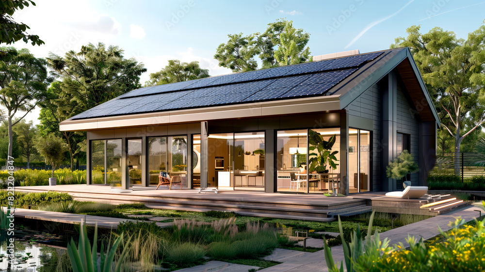 Modern house with solar panels and eco-friendly design in nature. Modern house with solar panels and eco-friendly design in nature.