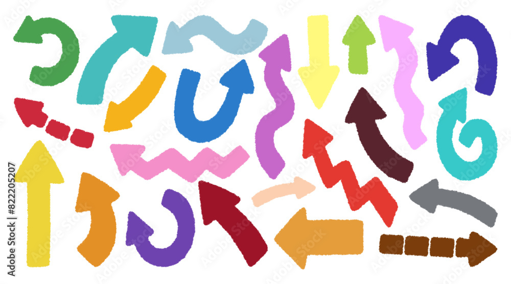 Hand drawn chalked arrows icons set. Free from different curved lines, swirls arrows. Doodle marker drawing, direction pointers Hand drawn chalked arrows icons set. Free from different curved lines, swirls arrows. Doodle marker drawing, direction pointers