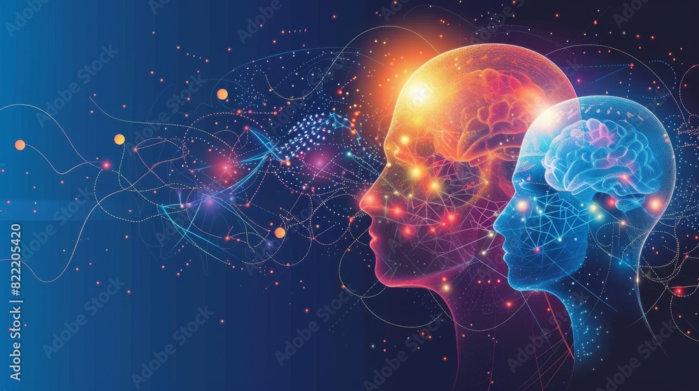 Futuristic design of human profiles interconnected with a complex neural network against a blue digital backdrop, symbolizing advanced communication and AI. Futuristic design of human profiles interconnected with a complex neural network against a blue digital backdrop, symbolizing advanced communication and AI.