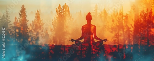 Serene yoga pose in nature, close up, focus on tranquility, copy space, image with vibrant colors, Double exposure silhouette with forest landscape