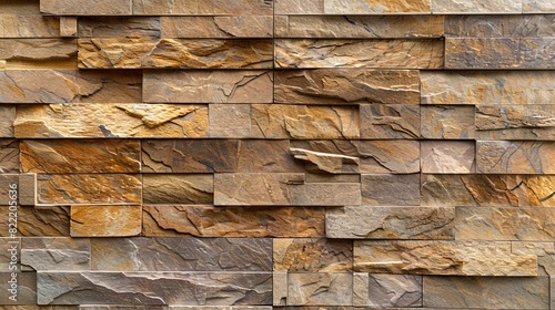 Detailed image showing the various hues and textures of a stone wall made with irregular stone tiles photo