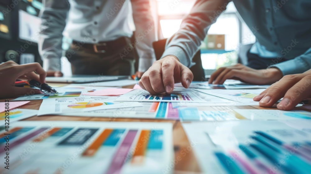 A detailed view of a business meeting with hands pointing and analyzing charts, graphs, and documents on a table A detailed view of a business meeting with hands pointing and analyzing charts, graphs, and documents on a table