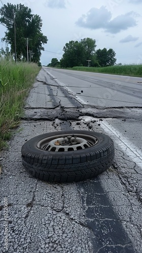 Tire lies on its side along road near the town of New Berlin Wis. after being blown off during strong winds Thursday afternoon. photo