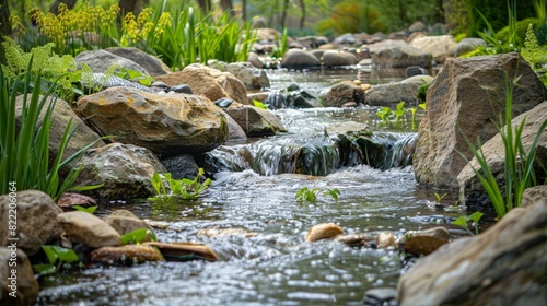 park outdoor landscape river stream with rocks and green foliage springtime environment
