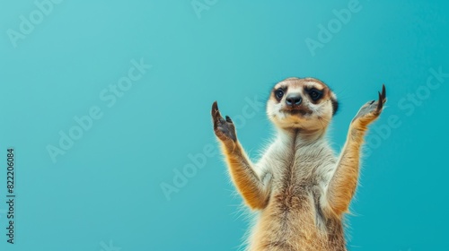 Captivating Meerkat Standing Upright with Paws Raised on a Crisp Blue Background, Exhibiting a Watchful Stance. Funny animal for banner, flyer, poster, card with copy space