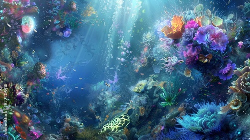 A colorful underwater scene with a variety of fish and plants. Scene is peaceful and serene, as the vibrant colors of the coral and fish create a sense of calmness and tranquility © Moon Story