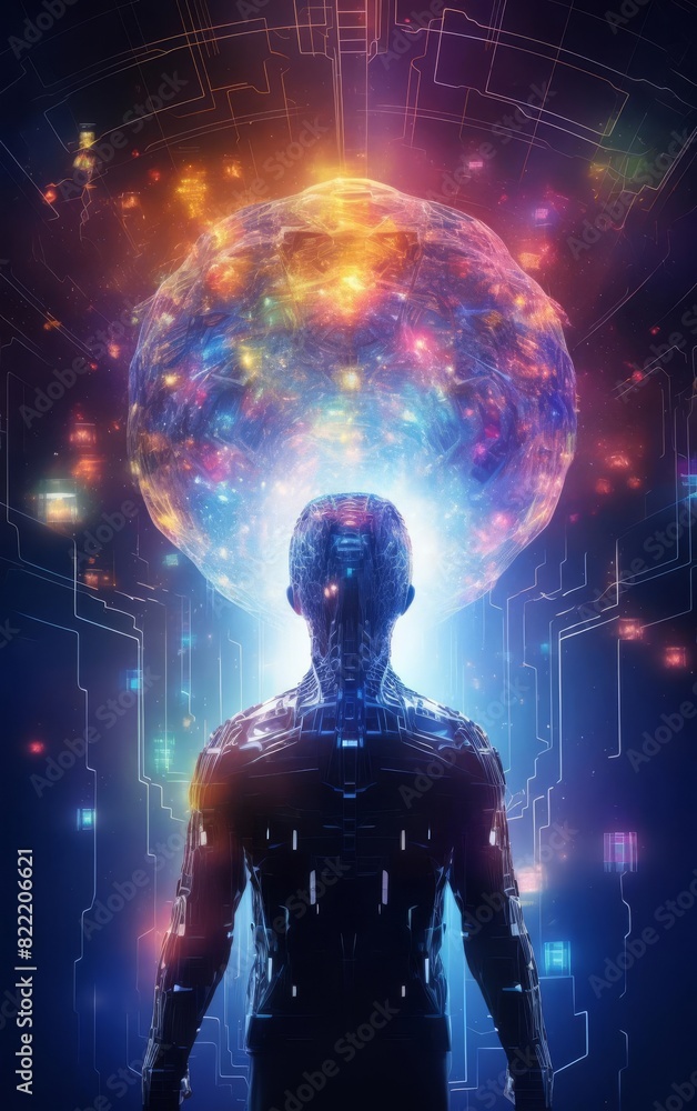 A glowing figure stands before a swirling sphere of light, representing the power of the human mind and its connection to the universe. A glowing figure stands before a swirling sphere of light, representing the power of the human mind and its connection to the universe.