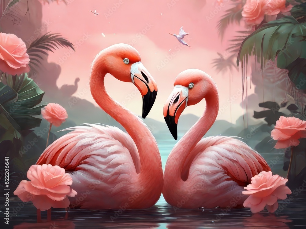 Naklejka premium Two pink flamingos wade in water surrounded by pink roses