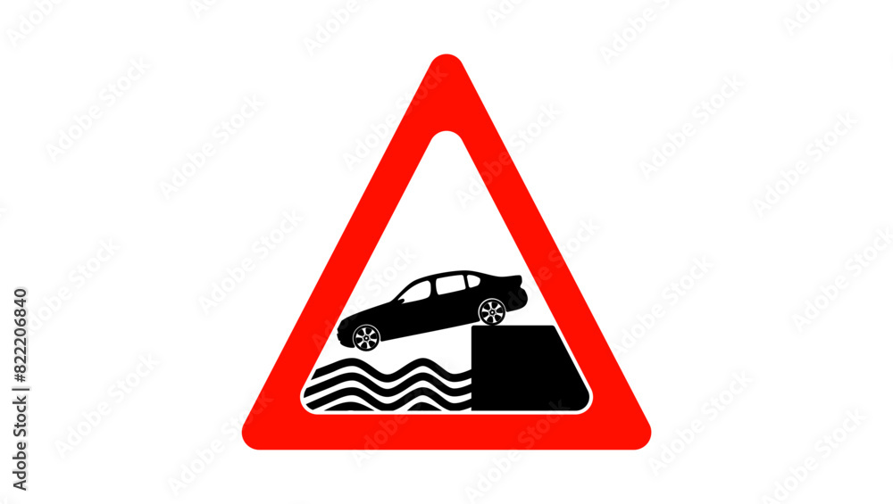 road sign car falling into water, black and red isolated silhouette road sign car falling into water, black and red isolated silhouette