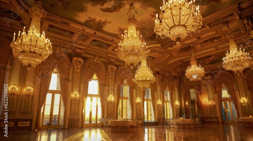 A large room with gold chandeliers hanging from the ceiling. The room is filled with tables and chairs, and the walls are adorned with gold decorations. The atmosphere is elegant and luxurious