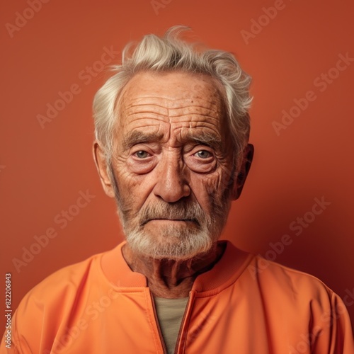 Coral background sad european white man grandfather realistic person portrait older person beautiful bad mood old man