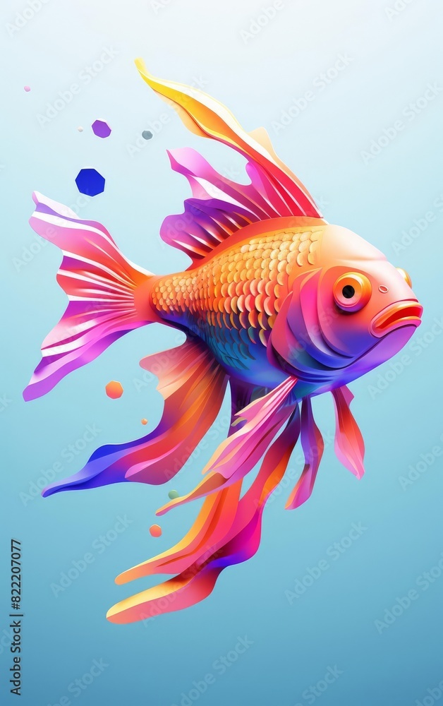 Fototapeta premium A vibrant, abstract goldfish with colorful fins and tail against a blue background.