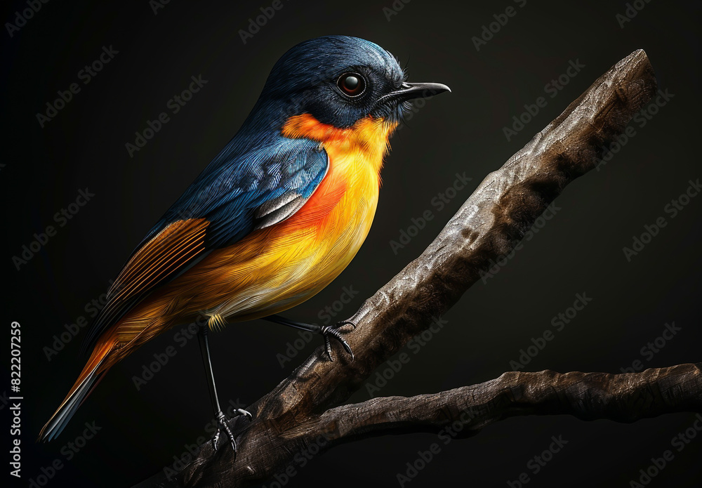 Small colorful bird perched on a branch on a dark background