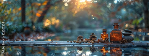 A serene scene of holistic health practices, with meditation, herbal remedies, and a peaceful natural setting.