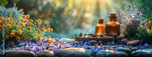 A serene scene of holistic health practices, with meditation, herbal remedies, and a peaceful natural setting.