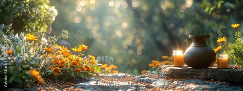 A serene scene of holistic health practices, with meditation, herbal remedies, and a peaceful natural setting.