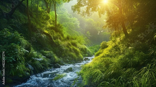 A river with a lot of trees and a bright sun shining on it © Moon Story