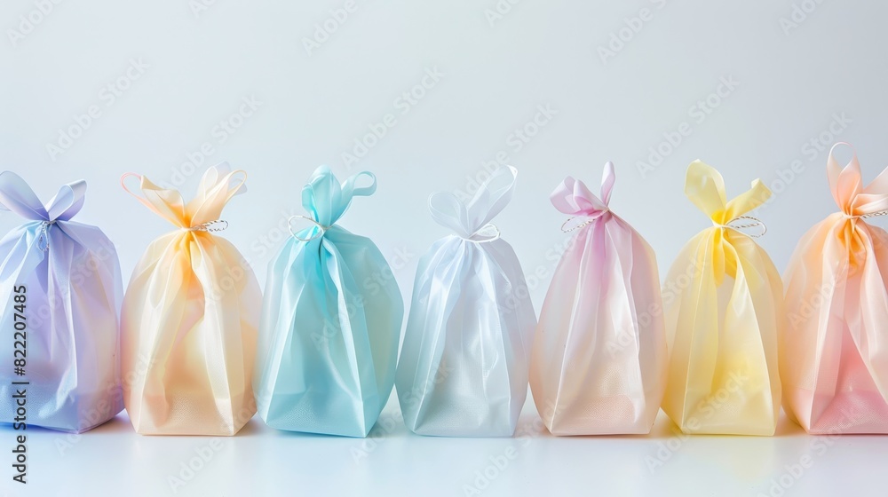 Row of gift bags in soft pastel colors, isolated white background, studio lighting emphasizing their delicate hues, perfect for advertising Row of gift bags in soft pastel colors, isolated white background, studio lighting emphasizing their delicate hues, perfect for advertising