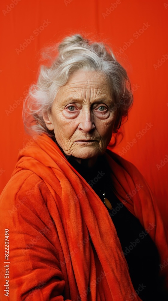 Coral background sad European white Woman grandmother realistic person portrait of young beautiful bad mood expression Woman Isolated Background depression anxiety fear burn out health issue problem m