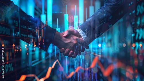 Two professionals engage in a handshake against a backdrop of digital financial graphs, symbolizing a business agreement