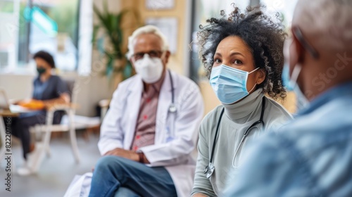 Black female doctor inquires about the condition of a senior man wearing a mask to prevent COVID-19 In the hospital waiting room photo