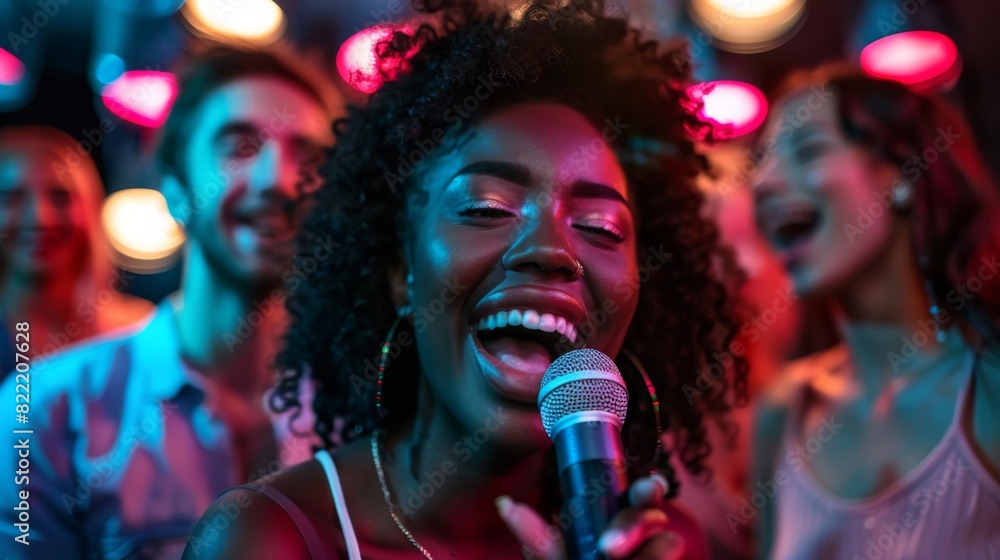 Group of friends from different gender identities having a karaoke night Group of friends from different gender identities having a karaoke night