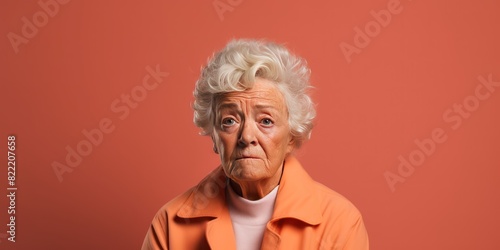 Coral background sad European white Woman grandmother realistic person portrait of young beautiful bad mood expression Woman Isolated Background depression anxiety fear burn out health issue problem m