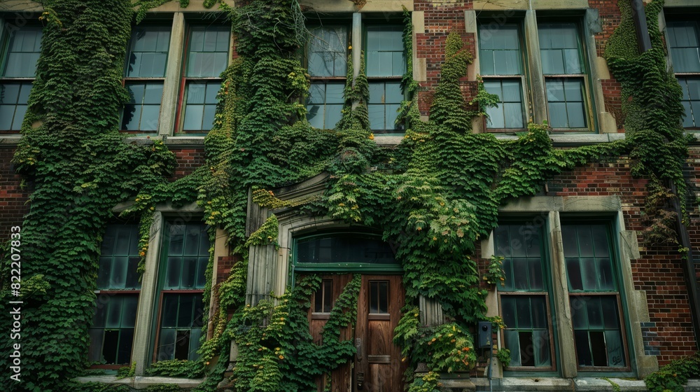 Overgrown brick building with vintage windows and door
