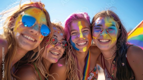 Group of friends with rainbow face paint enjoying a Pride parade